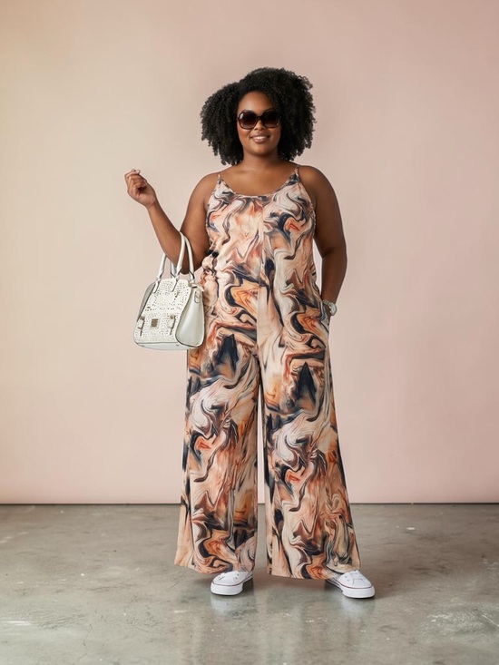 chic Pants - chic Marble Swirl Wide-Leg Jumpsuit in Peach, Black & Cream
